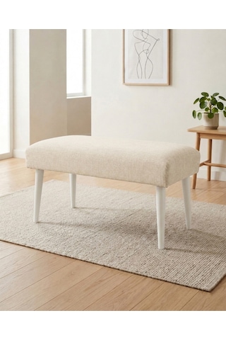 Krem Keten Kumaş Bench Puf 90x45x46 Cm Ahşap Beyaz Ayaklı Demonte Modern Yatak Ucu Bench Oturma Bankı Antre Koridor Pufu