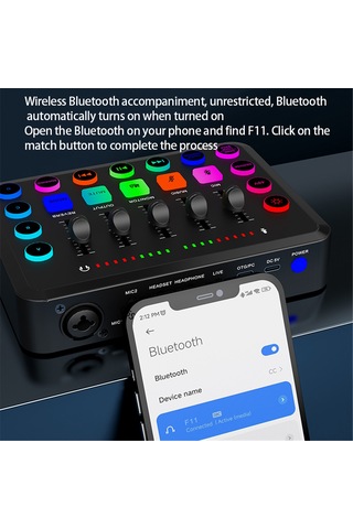 Yifomall F11 Canlı Yayın Ses Kartı: 48v Xlr Ve Dinamik Mikrofon Desteği, 4 Özel Ses Efekti, Gürültü Azaltma, Rgb Işık, Telefon-bilgisayar Uyumlu Beyaz