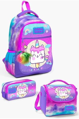 Coral High Kids Renkli Batik Unicorn Dondurma Desenli Okul Çanta Seti Set0123480