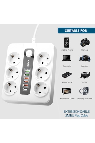 H-04 Termal Akım Korumalı 3000w 10 Amper 6'lı Priz 2 Metre Uzatma
