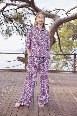 Monamise Kadın Desenli Önü Düğmeli Gömlek Yaka Alt Üst Takım 25017 Yeşil