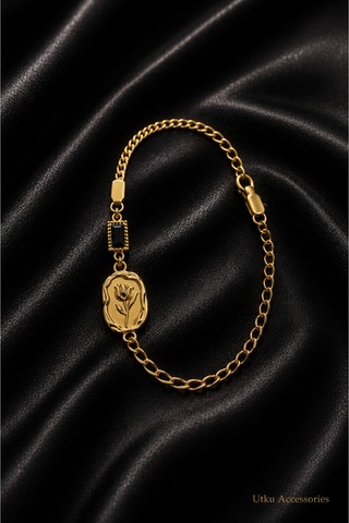 Stainless Steel Siyah Taşlı Gold Çelik Bileklik Altın