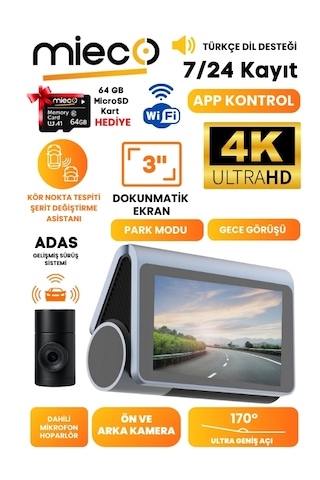 Mieco X8 Wifi /4K Uhd/ 170° Ultra Geniş Açı/ Kör Nokta / Adas/ Ön + Arka Araç Kamerası + Hafıza Kartı