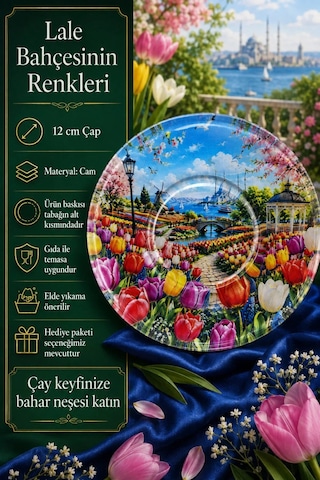 6 Lı Cam Çay Tabağı Renkli Lale Bahçesi Ve Boğaz Manzarası Desenli 12 Cm 6 Adet Çay Tabak Pembe