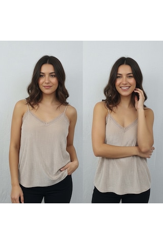 Kadın Kadife Kumaş Dantel Süslü Atlet Bb2429 Açık Kahverengi