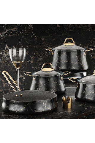 Brioni Marble 7 Parça Siyah Mermer Tencere Ve Tava Seti