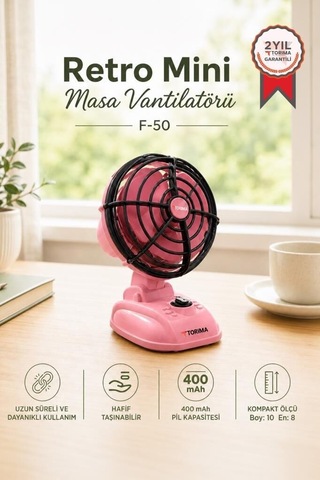 Premium Vintage Model Taşınabilir Fan Retro Tarz Şarjlı Masaüstü Vantilatör F50 Pembe