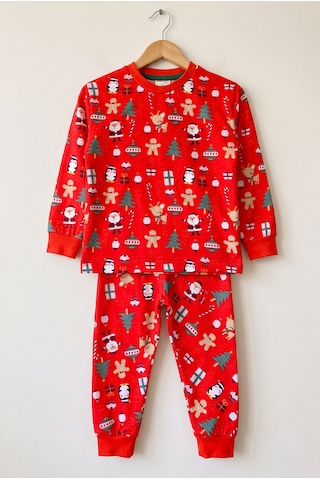 Bmt Bebek %100 Pamuk Kırmızı Yılbaşı Temalı Çocuk Pijama Takımı 3-12 Yaş