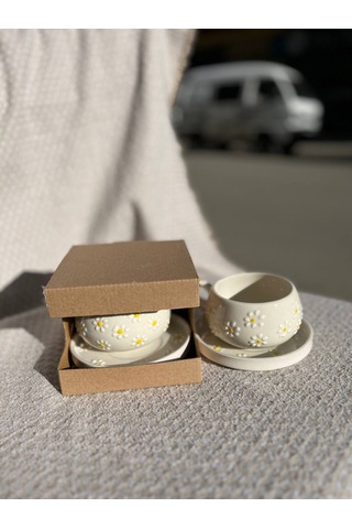 El Yapımı Seramik Kupa, Mug, Türk Kahvesi Bardağı Papatya Desen
