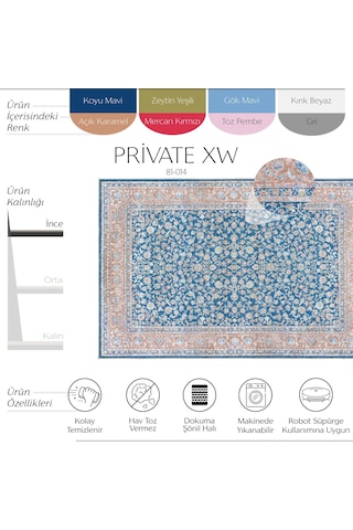Cool Halı Private Xw Yeşil Gri Eskitme Vintage Premium Yıkanabilir Kaymaz İnce Şönil Salon Halısı Mavi