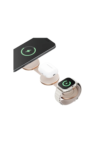 Energea Alumag Trio 3in1 Katlanabilir Qi2 Destekli 15w Telefon Saat Apple Uyumlu AirPods Masaüstü Hızlı Şarj Standı - Gold