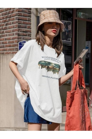 Kadin Beyaz Oversize Wonderful Baskılı T-shirt Beyaz