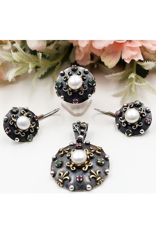 Yakut Ve Zümrüt Taşlı Otantik El Yapımı İncili Set Rose Gold - Gümüş