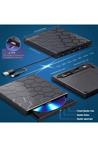 Willowhaven Siyah 8'li 1 Arada Usb 3.0 Type-c İnce Taşınabilir Cd Dvd Sürücü Sd Kart Okuyucu Windows Mac Linux