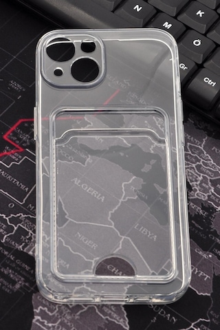 Apple Uyumlu iPhone 13 Kredi Kartlıklı Şeffaf Kılıf Kamera Korumalı