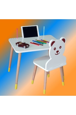 Liva Ahşap Çocuk Aktivite Masa Sandalye Takımı Tekli Ayıcıklı -tablet Ve Kalemlik Yeri, Yaz Sil Özellikli Yüzey Beyaz