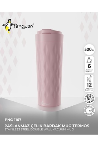 Png-1167 500ml Flip Kapak Desenli Çelik Mug 6 Saat Sıcak 12 Saat Soğuk Sızdırmaz & Bpa Free Pembe