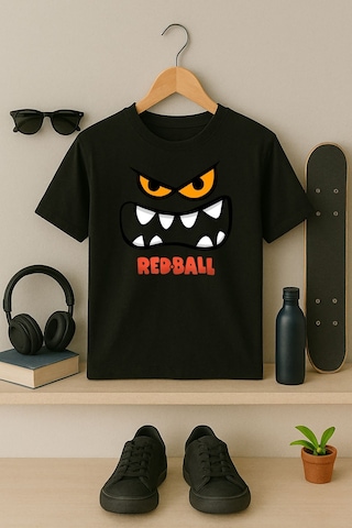 Blıtz Istanbul Unisex Çocuk Tişört Redball Baskılı %100 Pamuk 4-11 Yaş SIYAH