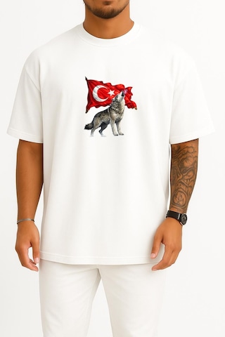 Bahriyeli Collection Oversize Türkün Nefesi Göğüs Ve Sırt Baskılı Unisex T-shirt Beyaz