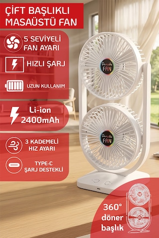 Masaütü Fan Çift Katlı Şarjlı Vantilatör Sessiz Çalışma Oynar Baş Type-c Hızlışarj 3 Kademe Soğutucu