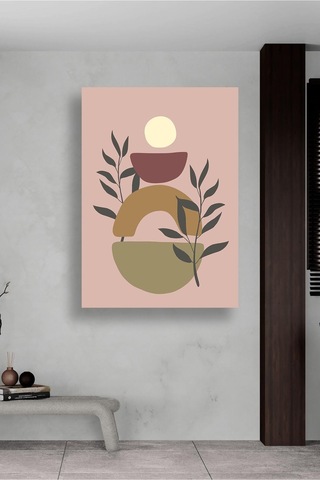 Soyut Geometrik Ve Bitki Desenli Kanvas Tablo Boho Stil Pembe Ve Toprak Tonlarında Duvar Dekoru