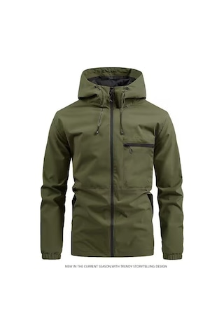 Yeni Gündelik Kapüşonlu Düz Renk Çok Cepli Açık Hava Erkek Rüzgarlık Ceketi Haki