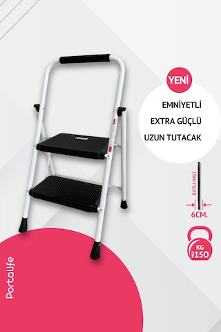 Portalife 2 Basamaklı Uzun Tutacaklı Şık Beyaz Çelik Merdiven - Katlanır 100 Cm'ye Kadar Portalife 2 Basamaklı Uzun Tutacaklı Şık Beyaz Çelik Merdiven - Katlanır 100 Cm'ye Kadar