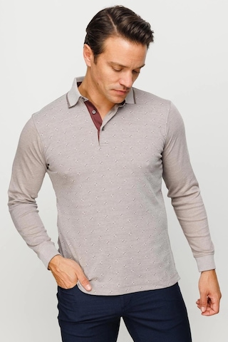Desen Triko Erkek Polo Yaka Kare Desenli Uzun Kollu Sweatshirt Bej Bej
