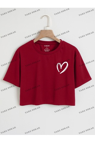 Flood Of Style Crop Ckod-232913 Kalp Desenli Kısa Bordo