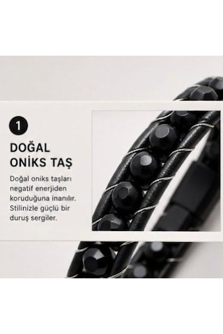 Oniks Taşlı Erkek Deri Bileklik Çelik Halat Örgü, Premium Siyah Bileklik