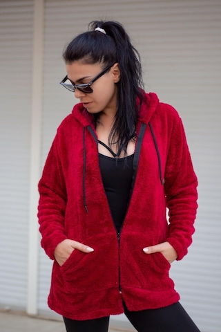 Kadın Kırmızı Peluş Kalın Fermuarlı Kapüşonlu Cepli Ceket 23kcktmy50 001