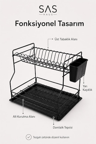 Sas Haus 2 Katlı Metal Bulaşıklık Kaşıklıklı Ve Damlalıklı Tezgâh Üstü Bulaşık Kurutmalık Dtb-02 Siyah
