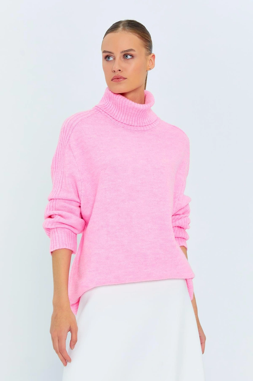 Mixray 6907 Kadın Fitil Detaylı Triko Kazak Pembe