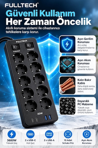 Akım Korumalı 10 Lu Çoklu Priz 3680w 20w Hızlı Şarj 2 Usb-c 2 Usb-a 2 Metre Kablolu Ftr-30 1