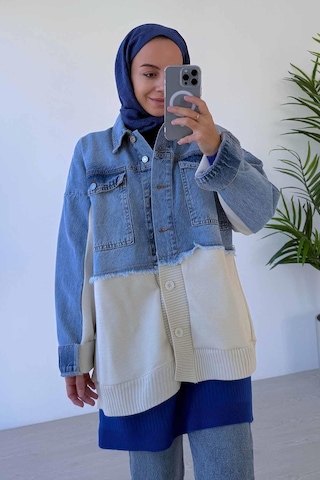 Ka Hijab Jean Detaylı Düğmeli Triko Hırka Mavi