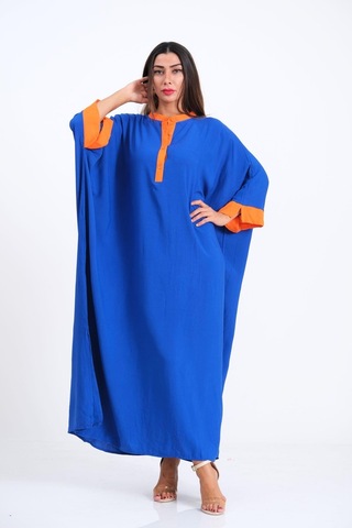 Kadın Saks Mavi Sırtı Palmiye Nakışlı Yarasa Kol Oversize Uzun Elbise - Saks Mavi Saks Mavisi