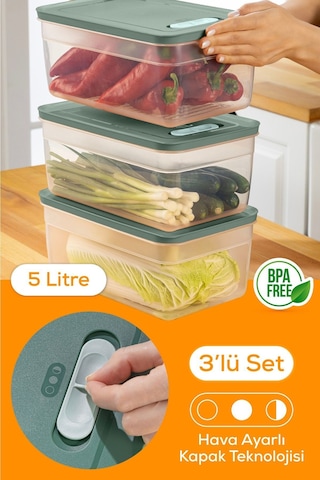 Vienev Ayarlı Sebze Ve Meyve Saklama Kabı Yeşil 3 'Lü 5 Litre Yeşil