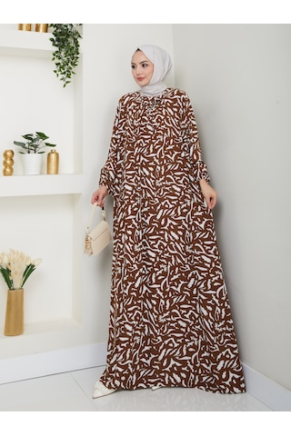 Desenli Önü Büzgülü Viskon Elbise - Taba / E0131 Taba
