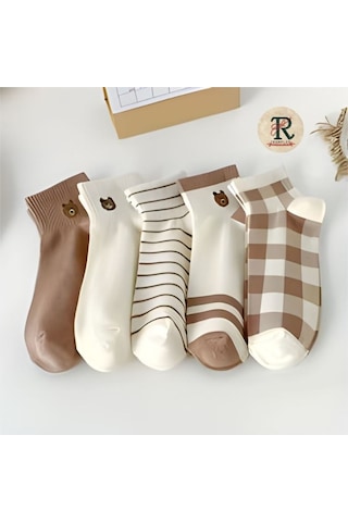 Trampler Ayıcıklı Penye Kadın Patik Çorap  5'li Kahverengi - Krem