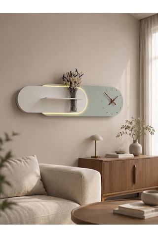 Kardelen Ahşap Pilli Ledli İskandinav Tarzı Salon Duvar Rafı Modern Çiçeklik 112 X 28 Cm Paris Grisi - Yeşil