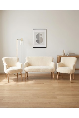 Tr Roma Çay Seti Balkon Koltuk Takımı Welsoft Yumuşak Kumaş Naturel Ayaklı 2+1+1 Takım - Krem Diğer