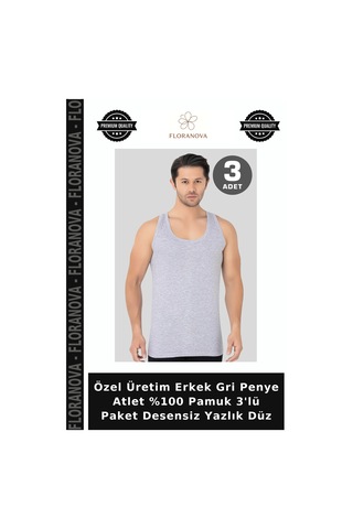 Floranova Özel Üretim Erkek Gri Penye Atlet %100 Pamuk 3'lü Paket Desensiz Yazlık Düz