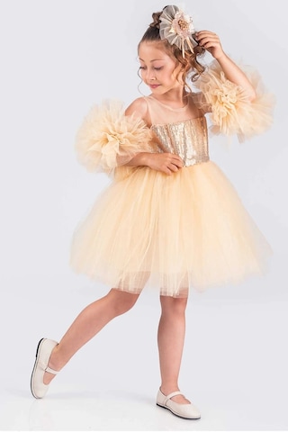 Kız Çocuk Abiye Elbise Ponpon Kol Pul Payetli Tütülü Altın