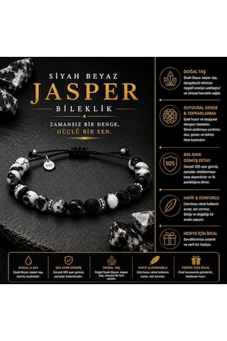 Safir Jewellery Siyah Beyaz Jasper Doğal Taşlı 8mm - 925 Ayar Gümüş Süslemeli Makrome Örgülü İpli Erkek Bileklik – Hediye Kutulu