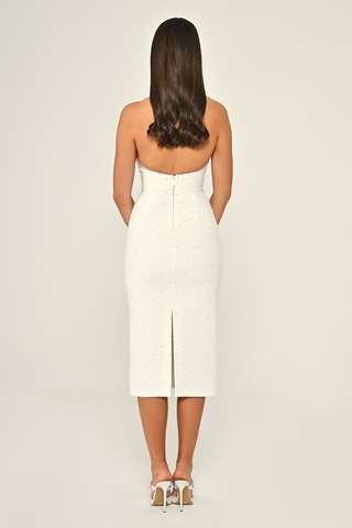 Halter Yaka Boncuklu Krep Midi Abiye Elbise Alfa Beta B7028 Beyaz
