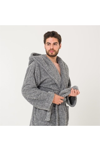 Erkek Uzun Welsoft Kapüşonlu Sabahlık-Gri