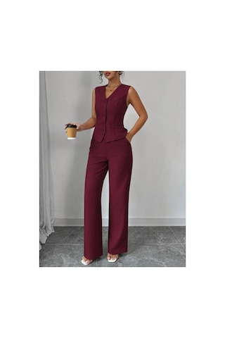 Butik İstanbul Kadın Askılı Önden Düğmeli Bluz Ve Pantolon Keten Ikili Takım Bordo