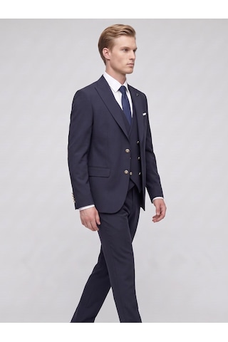 Erkek 3 Parça Slim Fit Takım Elbise Kruvaze Yelekli Modern Kesim Şık Takım Lacivert