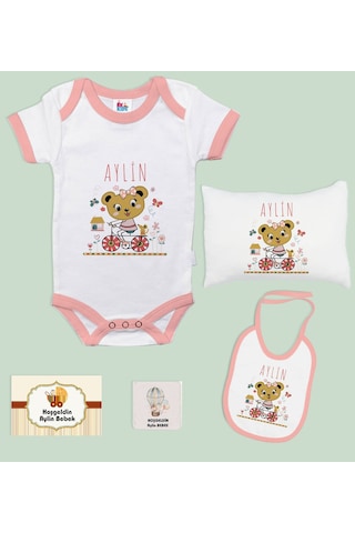 BK Kids Kişiye Özel İsimli 5 Parça Pembe Bebek Body Zıbın Yastık