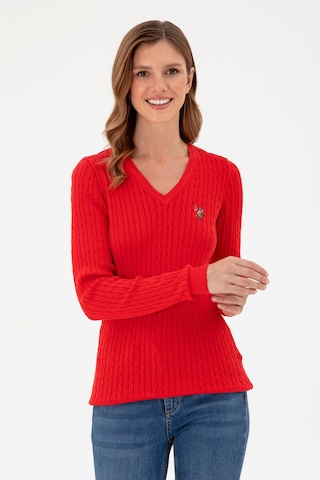 U.S. Polo Assn. Kadın Kırmızı V Yaka Basic Kazak 50288992-VR030
